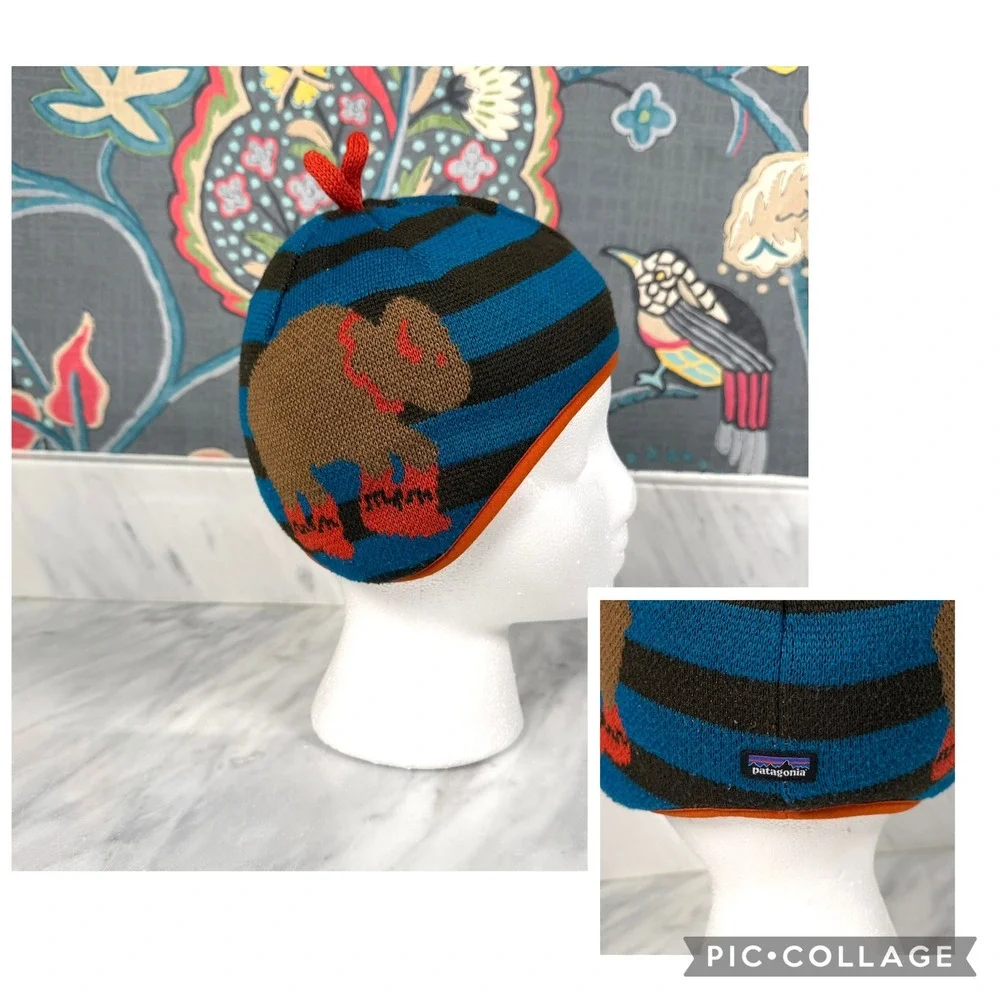 Patagonia Baby Buffalo Reversible Beanie Fleece Striped Hat 6-12M Blue Brown
